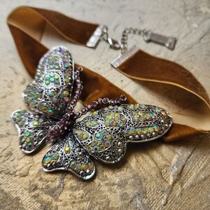 Pink Silver Rainbow Crystal Big Butterfly Designer Mustard Velvet Chokher